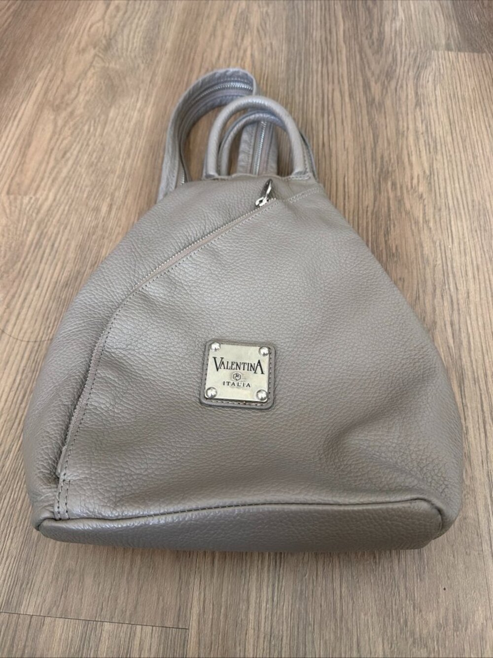 Valentina Italia Taupe Pebbled Leather Convertible Backpack Sling Shoulder Bag